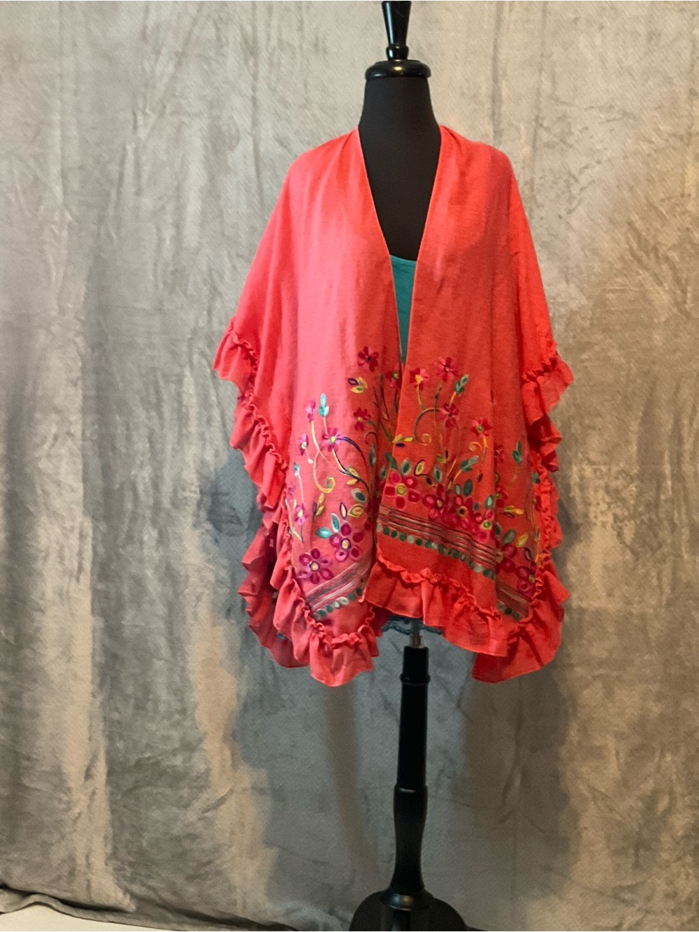 Coral Embroidered Ruffle Poncho Sweater